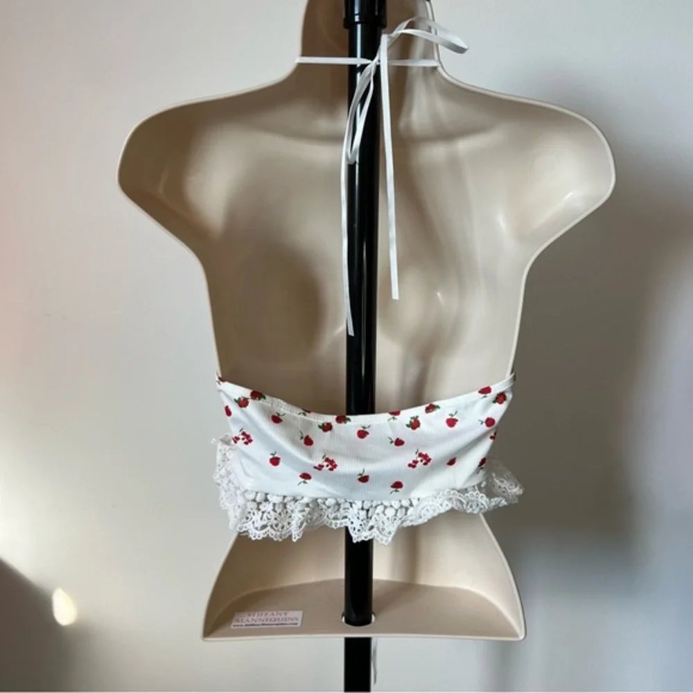 lace trim halter top white red rose adjustable ties SHEIN Size XS - Picture 3 of 8